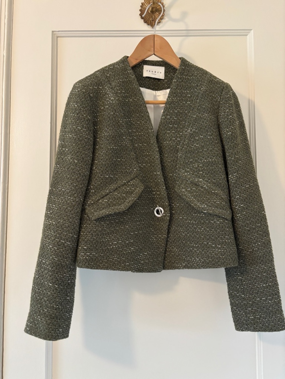 Sandro Olive Tweed Cropped Jacket Small FR36